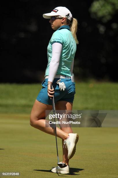 Jodi Ewart Shadoff reacts to her shot on the 4th green during the final round of the LPGA Volvik Championship at Travis Pointe Country Club, Ann...