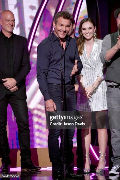 Artist Barry Graul of MercyMe, actor Dennis Quaid, and actress Madeline Carroll speak onstage during the 6th Annual KLOVE Fan Awards at The Grand Ole...