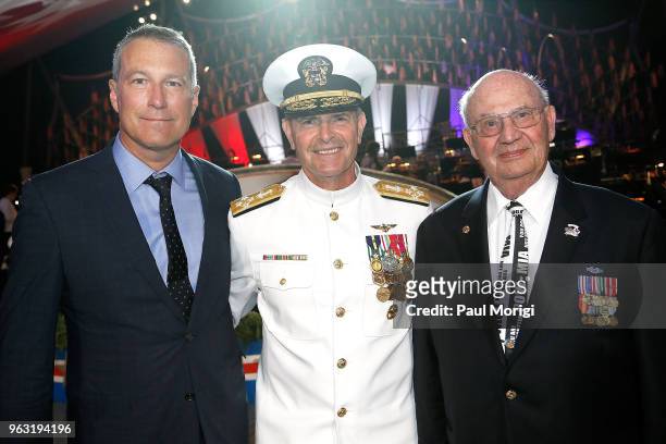 Emmy, Golden Globe and SAG Award-nominated actor John Corbett, Navy Adm. Bill Moran and Korean War veteran Army Sergeant Joe Annello pose for a photo...