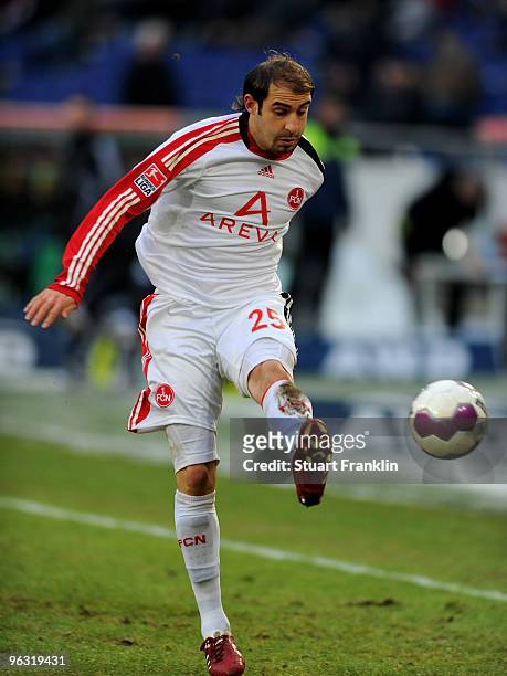 Javier Pinola of Nuernberg in action during the Bundesliga match between Hannover 96 and FC Nuernberg at AWD-Arena on January 30, 2010 in Hanover,...