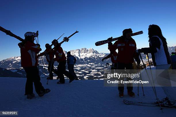 Alpine Skiers at the famous Streif and the mountains Kaisergebirge on January 21, 2009 in Kitzbuehel, Austria.