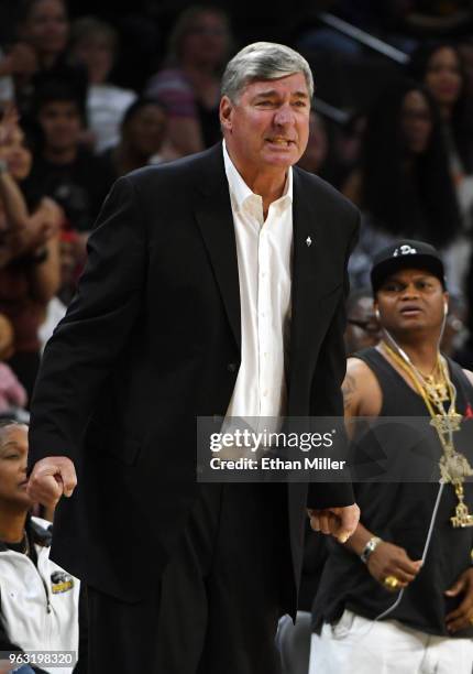 Head coach Bill Laimbeer of the Las Vegas Aces reacts during the Aces' inaugural regular-season home opener against the Seattle Storm at the Mandalay...