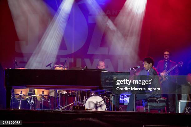 Pianist Jon Batiste with The Dap-Kings performs on stage during the 2018 Atlanta Jazz Festival at Piedmont Park on May 27, 2018 in Atlanta, Georgia.