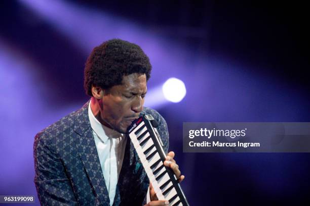 Pianist Jon Batiste performs on stage during the 2018 Atlanta Jazz Festival at Piedmont Park on May 27, 2018 in Atlanta, Georgia.