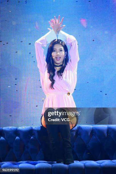 Bae Suzy of South Korean girl group Miss A performs on stage during a fan meeting on May 26, 2018 in Hong Kong, China.