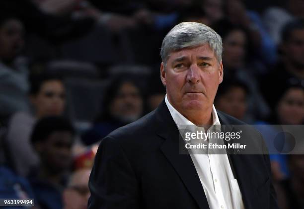 Head coach Bill Laimbeer of the Las Vegas Aces looks on during the Aces' inaugural regular-season home opener against the Seattle Storm at the...