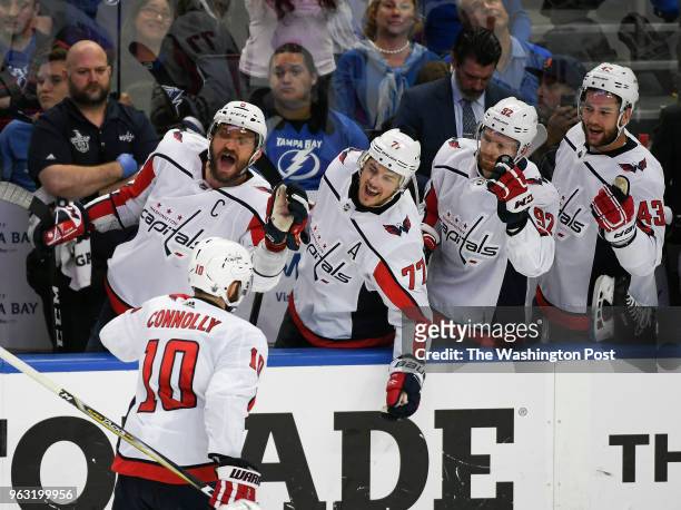 Washington Capitals right wing Brett Connolly skates past the bench after scoring during the third period of Game 2 of the Eastern Conference finals...