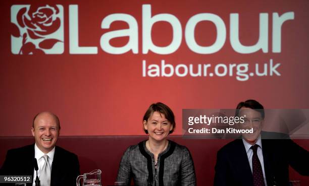 Lord Mandelson Secretary of State for Work and Pensions Yvette Cooper and Chief Secretary to the treasury Liam Byrne speak during a press conference...