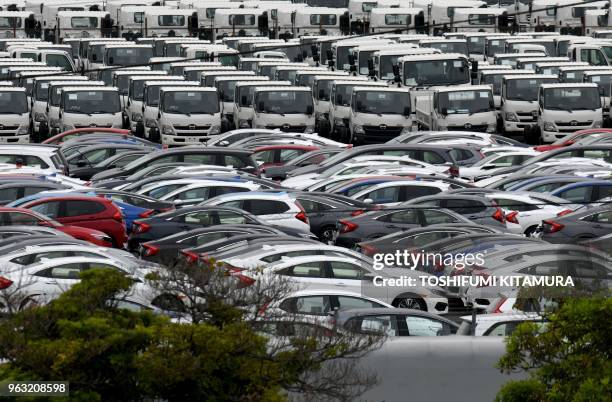 Vehicles are seen parked at the Daikoku pier in Yokohama, Kanagawa prefecture on May 28, 2018.