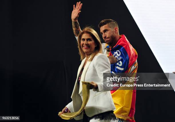 Real Madrid football player Sergio Ramos and mother Paqui Garcia during the Real Madrid team celebration after winning their 13th European Cup on May...