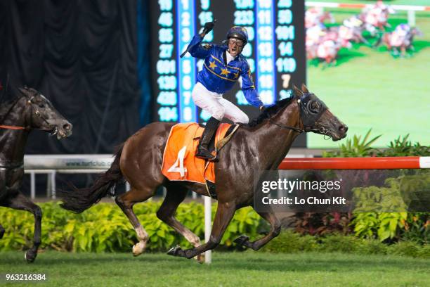 Jockey Glen Boss riding Lim's Cruiser wins Race 7 Lion City Cup at Kranji Race course on May 26 ,2018 in Singapore.