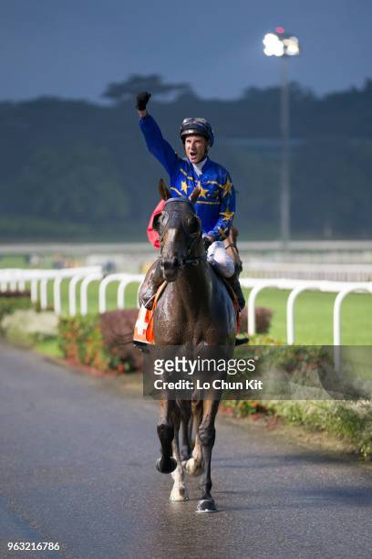 Jockey Glen Boss riding Lim's Cruiser wins Race 7 Lion City Cup at Kranji Race course on May 26 ,2018 in Singapore.