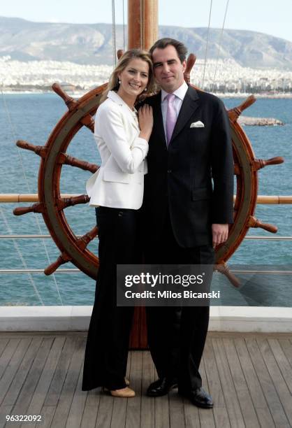 Prince Nikolaos of Greece and Ms Tatiana Blatnik during a photo call with the press following their engagement at The Yacht Club of Greece on...