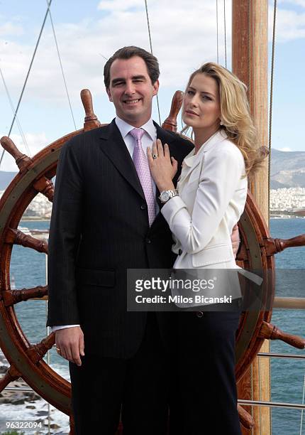 Prince Nikolaos of Greece and Ms Tatiana Blatnik during a photo call with the press following their engagement at The Yacht Club of Greece on...