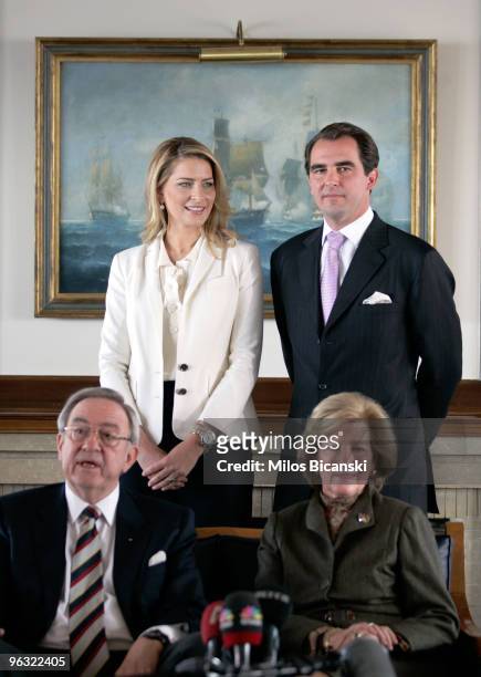 Exiled King Constantine of Greece his son Prince Nikolaos of Greece , Ms Tatiana Blatnik and Queen Anna-Maria of Greece during a photo call with the...
