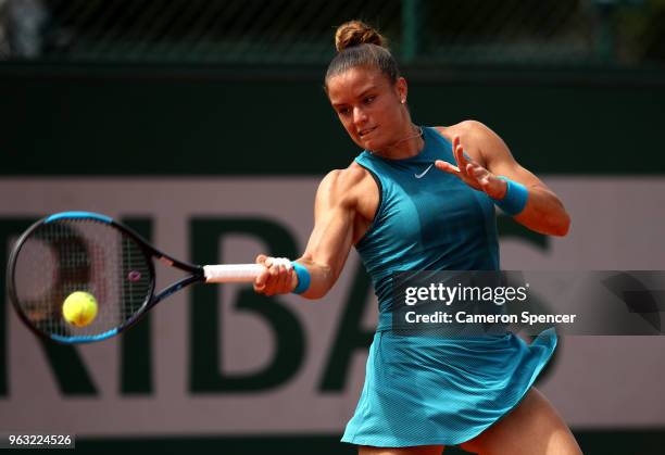 Maria Sakkari of Greece plays a forehand during the ladies singles first round match against Mandy Minnela of Luxembourg during day two of the 2018...