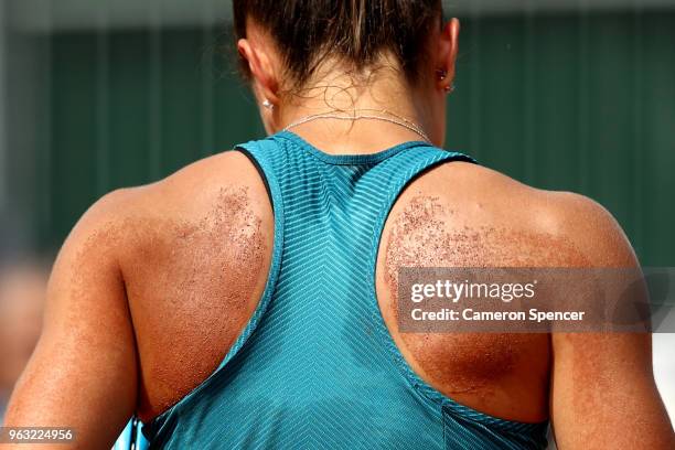 Detailed view of the clay on the back of Maria Sakkari of Greece during the ladies singles first round match against Mandy Minnela of Luxembourg...