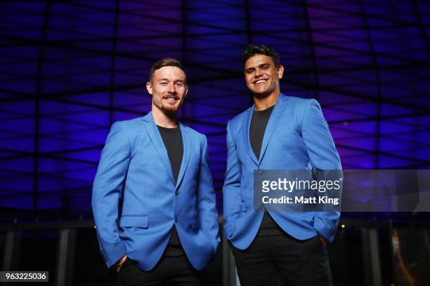 Damien Cook and Latrell Mitchell pose during the New South Wales Blues State of Origin Team Announcement at The Star on May 28, 2018 in Sydney,...