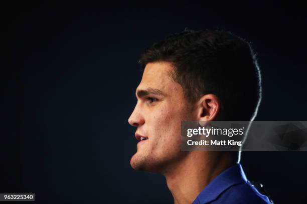 Nathan Cleary speaks to the media during the New South Wales Blues State of Origin Team Announcement at The Star on May 28, 2018 in Sydney, Australia.