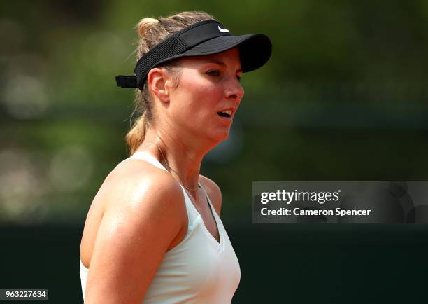 Mandy Minella of Luxembourg looks on during the ladies singles first round match against Maria Sakkari of Greece during day two of the 2018 French...