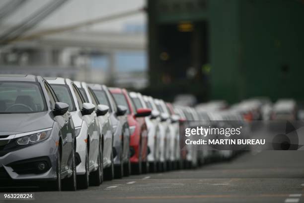 Honda Civic vehicles are seen parked at the Daikoku pier in Yokohama, Kanagawa prefecture on May 28, 2018.
