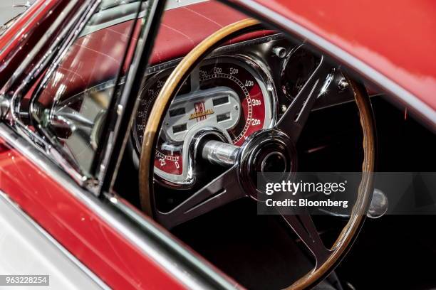 The steering wheel and interior of a 1953 Fiat Chrysler Automobiles NV 8V is seen on display at the 2018 Concorso D'Eleganza at Villa d'Este in...