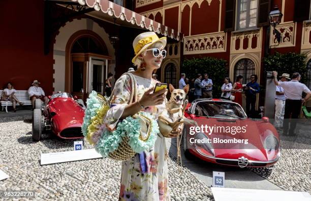 Visitor carrying her pet dog stands in front of a 1954 Maserati SpA 250F, left, and winner of the Coppa d'Oro Villa d'Este, a 1968 Alfa Romeo...