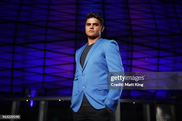 Latrell Mitchell poses during the New South Wales Blues State of Origin Team Announcement at The Star on May 28, 2018 in Sydney, Australia.