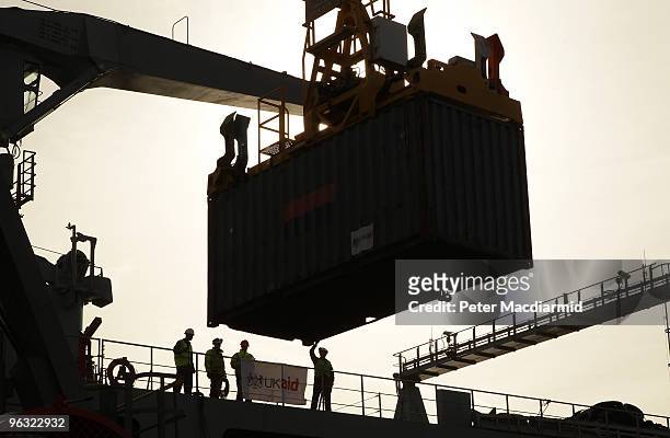 Container is guided on to the Royal Fleet Auxiliary supply ship RFA Largs Bay on February 1, 2010 in Southampton, England. Taking 12 days to reach...