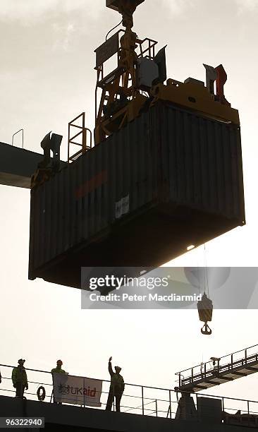 Container is guided on to the Royal Fleet Auxiliary supply ship RFA Largs Bay on February 1, 2010 in Southampton, England. Taking 12 days to reach...