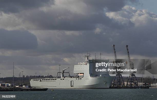 The Royal Fleet Auxiliary supply ship RFA Largs Bay lies at anchor on February 1, 2010 in Southampton, England. Taking 12 days to reach Haiti, the...