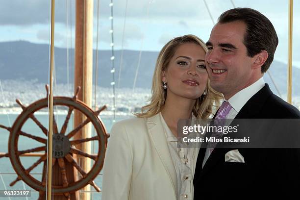 Prince Nikolaos of Greece and Ms Tatiana Blatnik during a photo call with the press following their engagement at The Yacht Club of Greece on...
