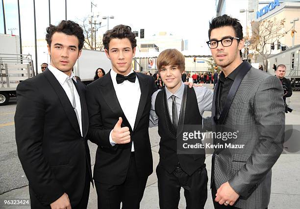 Kevin Jonas, Nick Jonas, Justin Bieber and Joe Jonas attends the 52nd Annual GRAMMY Awards held at Staples Center on January 31, 2010 in Los Angeles,...