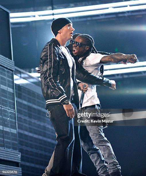 Eminem and Lil Wayne performs onstage at the 52nd Annual GRAMMY Awards held at Staples Center on January 31, 2010 in Los Angeles, California.