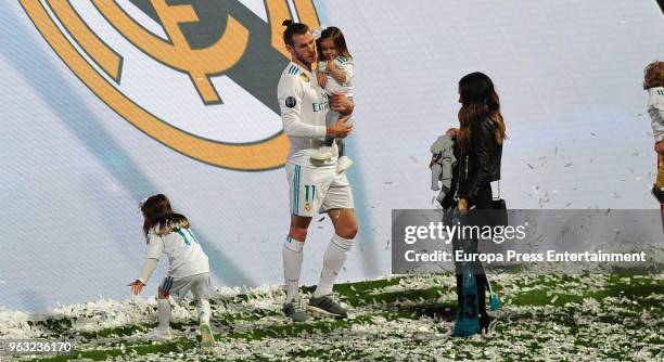 Gareth Bale, his wife Emma Rhys-Jones and kids Alba Bale, Nava Bale and new born Axel Bale during the Real Madrid team celebration after winning...