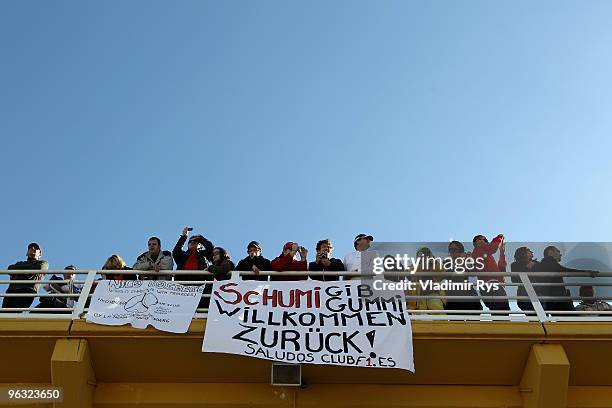 Spanish supporters of Michael Schumacher are seen at the Ricardo Tormo Circuit on February 1, 2010 in Valencia, Spain.