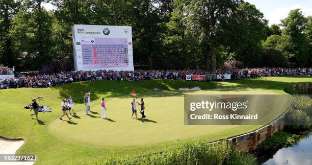 Francesco Molinari of Italy celebrates his win on the 18th green during the final round of the BMW PGA Championship at Wentworth on May 27, 2018 in...