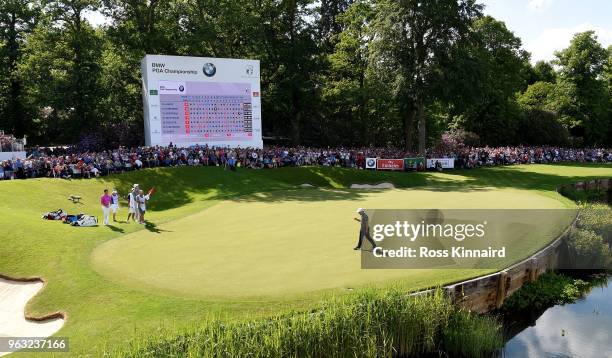 Francesco Molinari of Italy celebrates his win on the 18th green during the final round of the BMW PGA Championship at Wentworth on May 27, 2018 in...