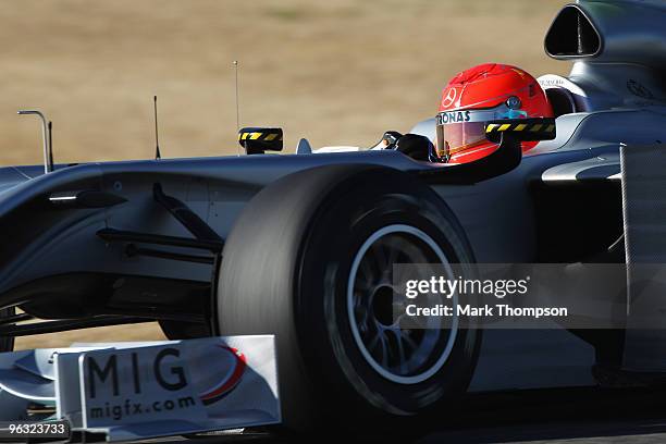 Former Formula One World Champion Michael Schumacher of Germany and Mercedes GP drives during winter testing at the Ricardo Tormo Circuit on February...