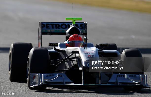 Michael Schumacher of Germany and Mercedes drives his car at the Ricardo Tormo Circuit on February 1, 2010 in Valencia, Spain.