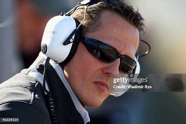 Michael Schumacher of Germany and Mercedes is pictured at the Ricardo Tormo Circuit on February 1, 2010 in Valencia, Spain.