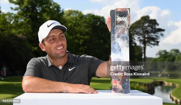 Francesco Molinari of Italy pictured with the winners trophy on the 18th green after the final round of the BMW PGA Championship at Wentworth on May...