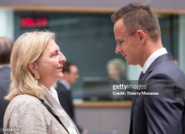 Austrian Minister of Foreign Affairs Karin Kneissl talks with the Hungarian Minister of Foreign Affairs & External Economy Peter Szijjarto before an...