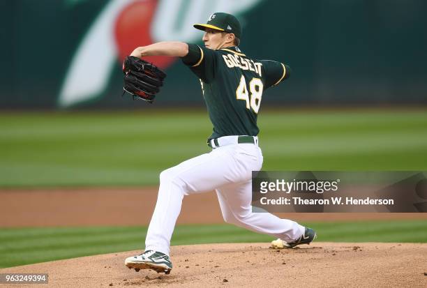 Daniel Gossett of the Oakland Athletics pitches against the Seattle Mariners in the top of the first inning at the Oakland Alameda Coliseum on May...