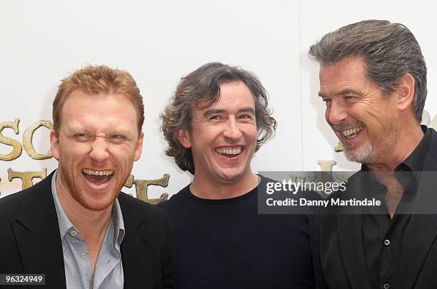 Kevin McKidd, Steve Coogan and Pierce Brosnan attend photocall for 'Percy Jackson & The Lightning Thief' on February 1, 2010 in London, England.