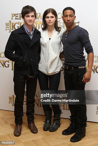 Logan Lerman, Alexandra Daddario and Brandon T Jackson attend photocall for 'Percy Jackson & The Lightning Thief' on February 1, 2010 in London,...