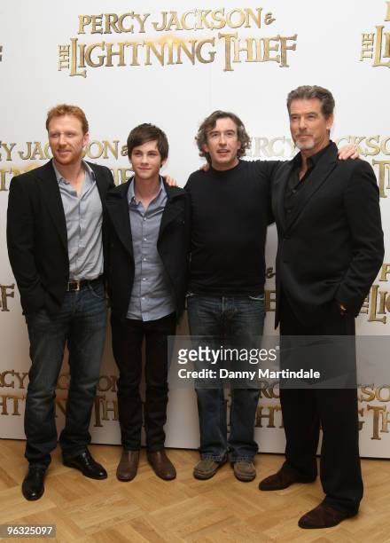 Kevin McKidd, Logan Lerman, Steve Coogan and Pierce Brosnan attend photocall for 'Percy Jackson & The Lightning Thief' on February 1, 2010 in London,...