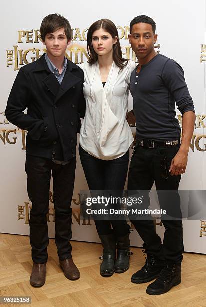 Logan Lerman, Alexandra Daddario and Brandon T Jackson attend photocall for 'Percy Jackson & The Lightning Thief' on February 1, 2010 in London,...