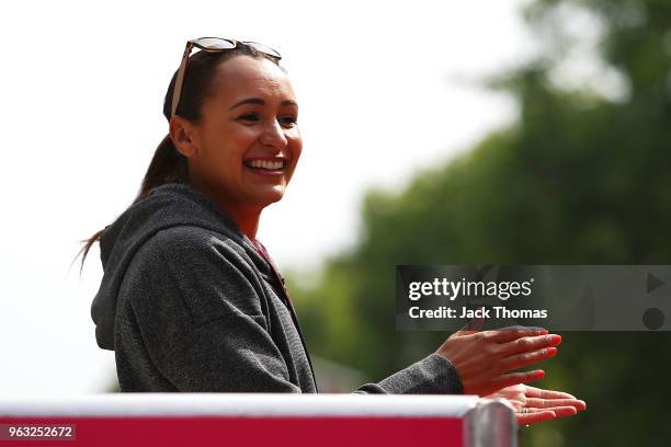 Retired British track and field athlete Jessica Ennis-Hill looks on as participants begin running during the Vitality London 10,000 on May 28, 2018...