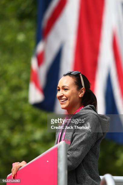 Retired British track and field athlete Jessica Ennis-Hill looks on as participants begin running during the Vitality London 10,000 on May 28, 2018...
